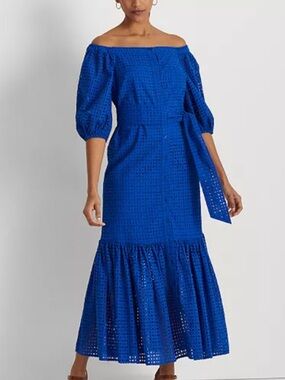 Ralph Lauren Royal Blue Eyelet Off-Shoulder Cotton Maxi Dress 2